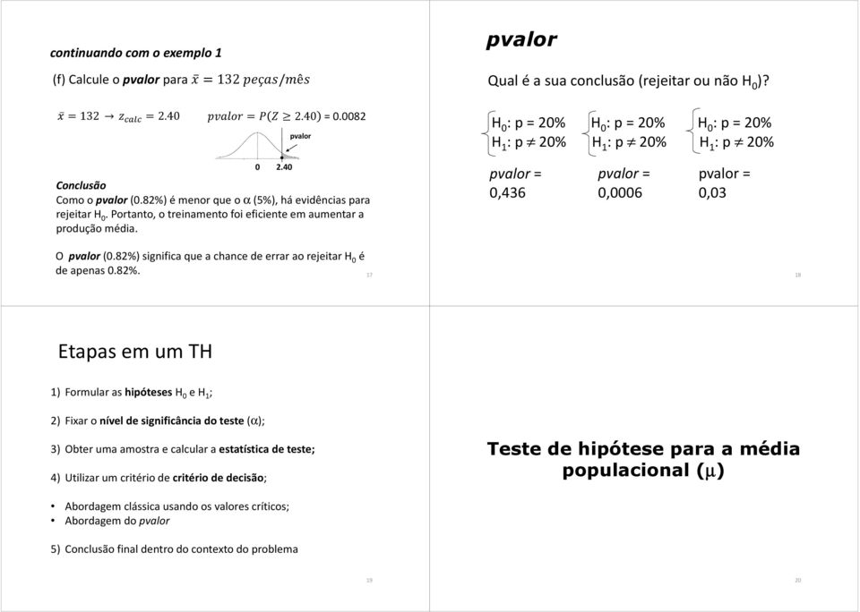 8%) significa que a chance de errar ao rejeitar H 0 é de apenas 0.8%. 17 18 Etapas em um TH 1) Formular as hipótesesh 0 e H 1 ; ) Fixar o nível de significância do teste (α); 3) Obter uma amostra e