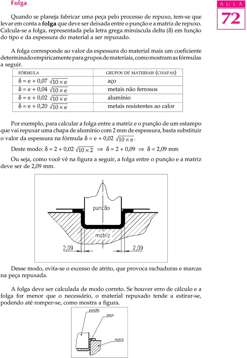 A U L A A folga correspone ao valor a espessura o material mais um coeficiente eterminao empiricamente para grupos e materiais, como mostram as fórmulas a seguir.