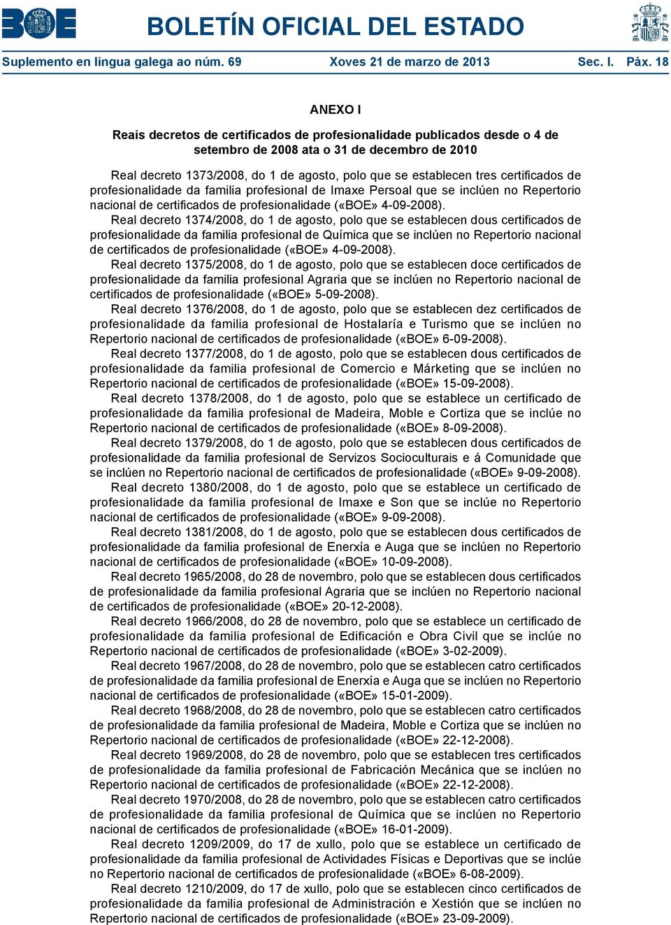 certificados de profesionalidade da familia profesional de Imaxe Persoal que se inclúen no Repertorio nacional de certificados de profesionalidade («BOE» 4-09-2008).