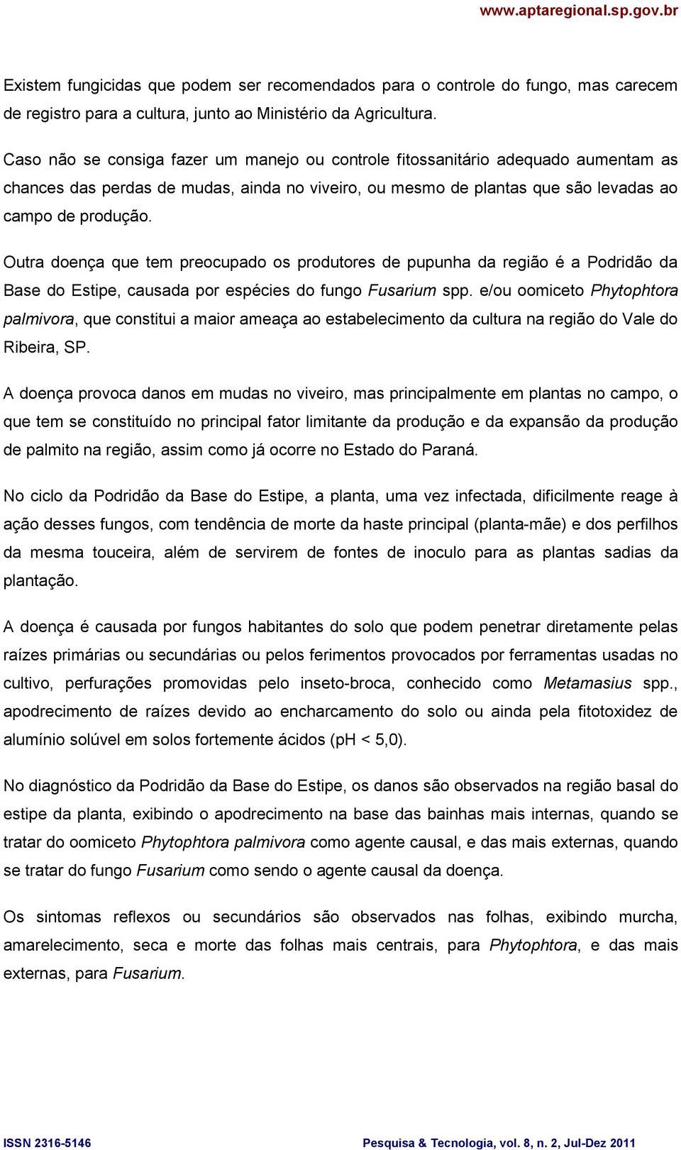 Outra doença que tem preocupado os produtores de pupunha da região é a Podridão da Base do Estipe, causada por espécies do fungo Fusarium spp.