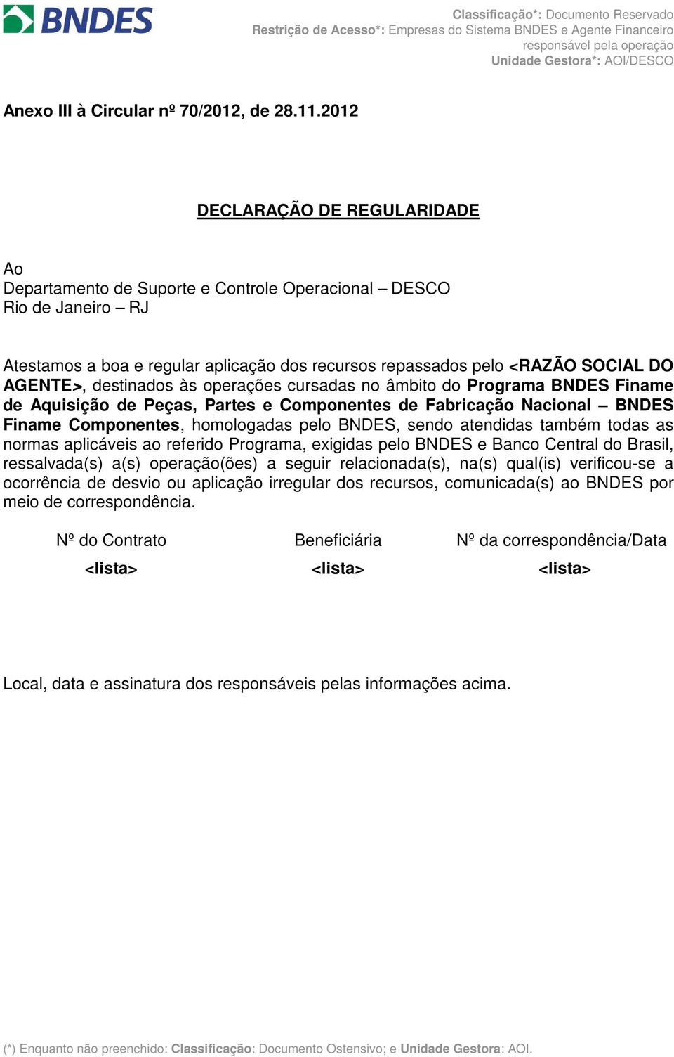 destinados às operações cursadas no âmbito do Programa BNDES Finame de Aquisição de Peças, Partes e Componentes de Fabricação Nacional BNDES Finame Componentes, homologadas pelo BNDES, sendo