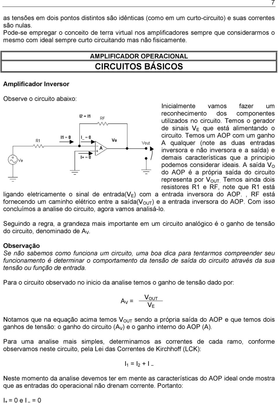 Amplificador Inversor CIRCUITOS BÁSICOS Observe o circuito abaixo: Inicialmente vamos fazer um reconhecimento dos componentes utilizados no circuito.