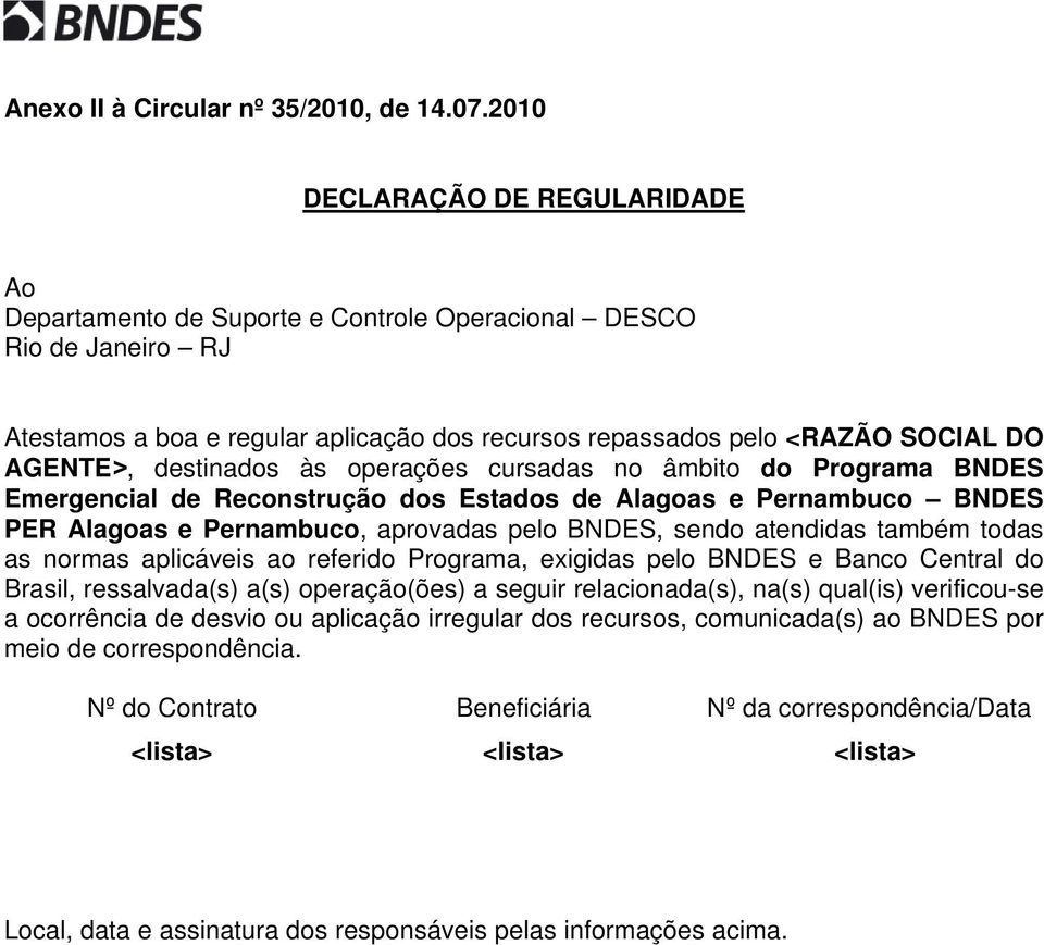 destinados às operações cursadas no âmbito do Programa BNDES Emergencial de Reconstrução dos Estados de Alagoas e Pernambuco BNDES PER Alagoas e Pernambuco, aprovadas pelo BNDES, sendo atendidas