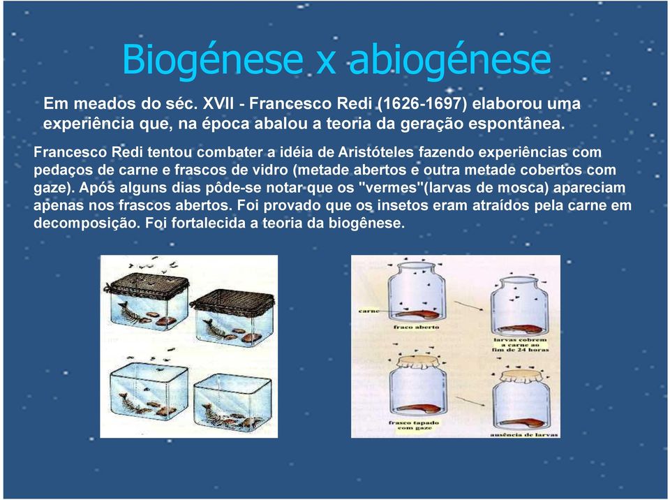 Francesco Redi tentou combater a idéia de Aristóteles fazendo experiências com pedaços de carne e frascos de vidro (metade abertos