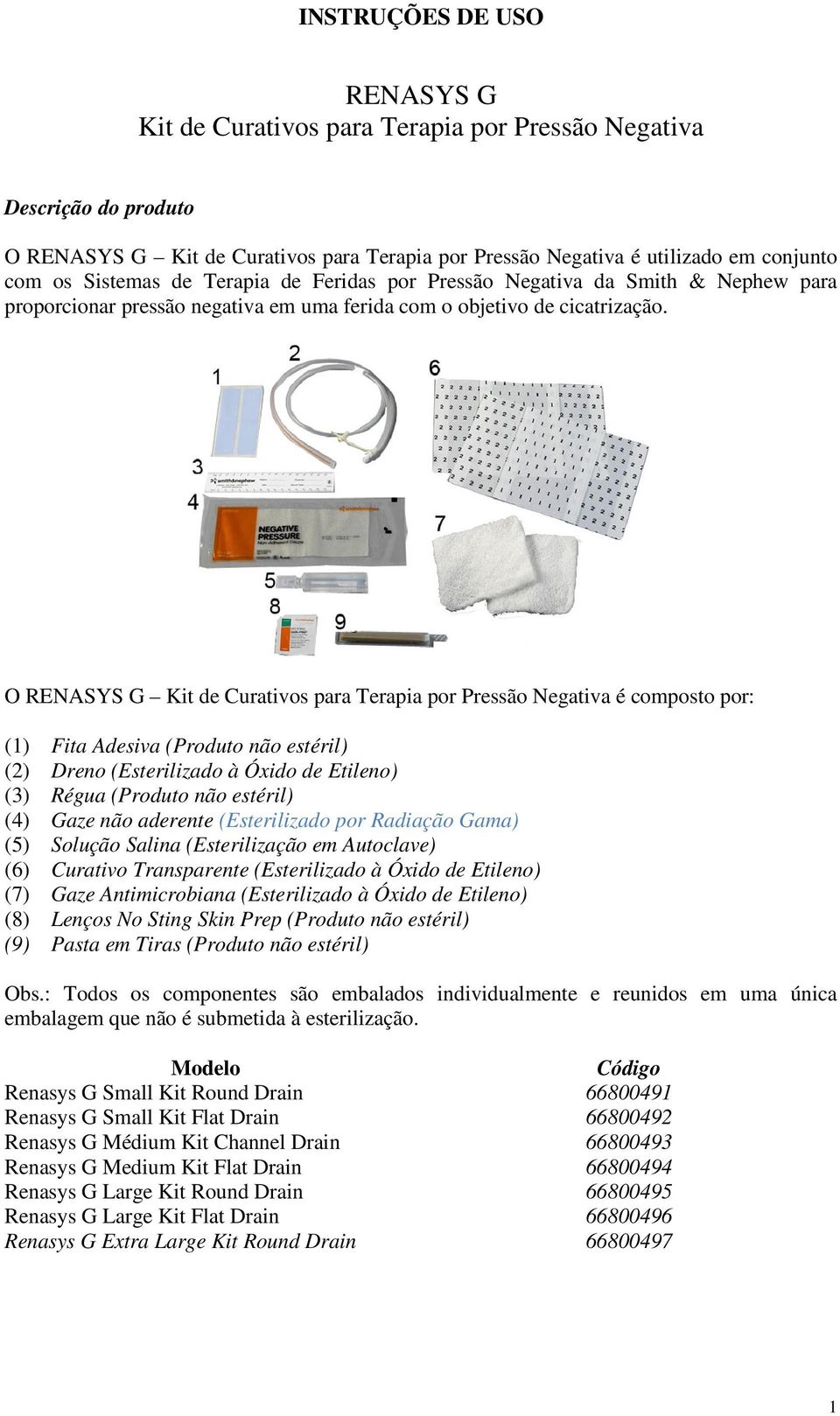 O RENASYS G Kit de Curativos para Terapia por Pressão Negativa é composto por: () Fita Adesiva (Produto não estéril) (2) Dreno (Esterilizado à Óxido de Etileno) (3) Régua (Produto não estéril) (4)