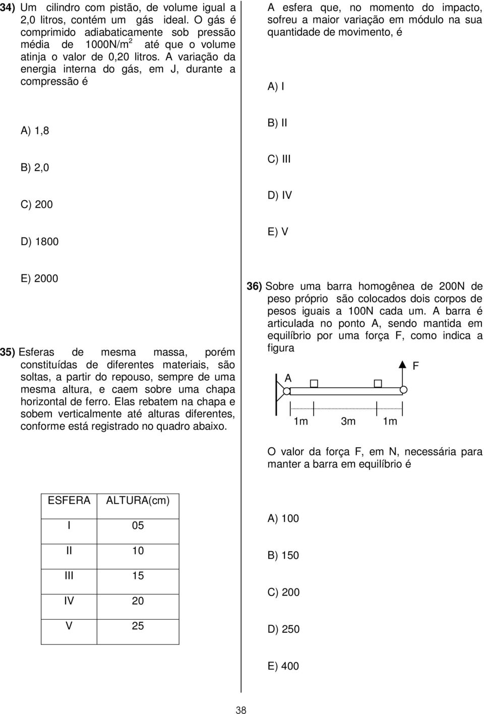 D) 1800 B) II C) III D) IV E) V E) 2000 35) Esferas de mesma massa, porém constituídas de diferentes materiais, são soltas, a partir do repouso, sempre de uma mesma altura, e caem sobre uma chapa