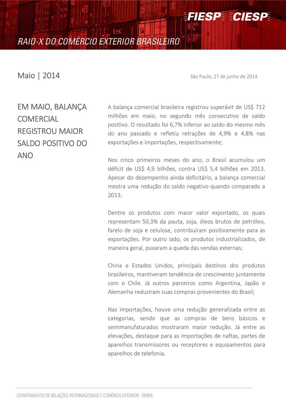 O resultado foi 6,7% inferior ao saldo do mesmo mês do ano passado e refletiu retrações de 4,9% e 4,8% nas exportações e importações, respectivamente; Nos cinco primeiros meses do ano, o Brasil