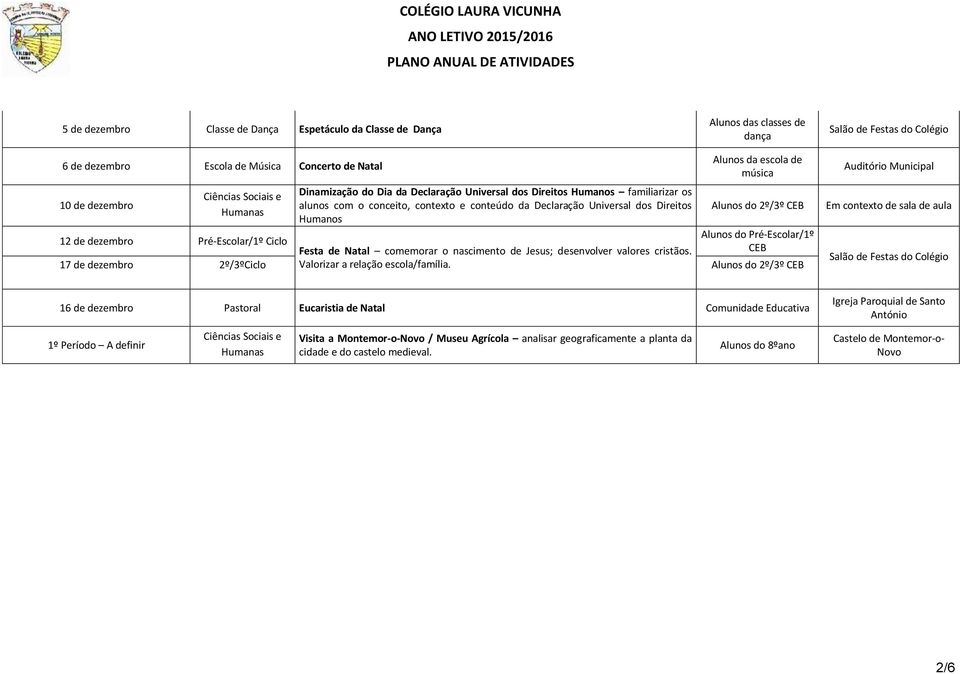 do Pré-Escolar/1º 12 de dezembro Pré-Escolar/1º Ciclo Festa de Natal comemorar o nascimento de Jesus; desenvolver valores cristãos. CEB 17 de dezembro 2º/3ºCiclo Valorizar a relação escola/família.
