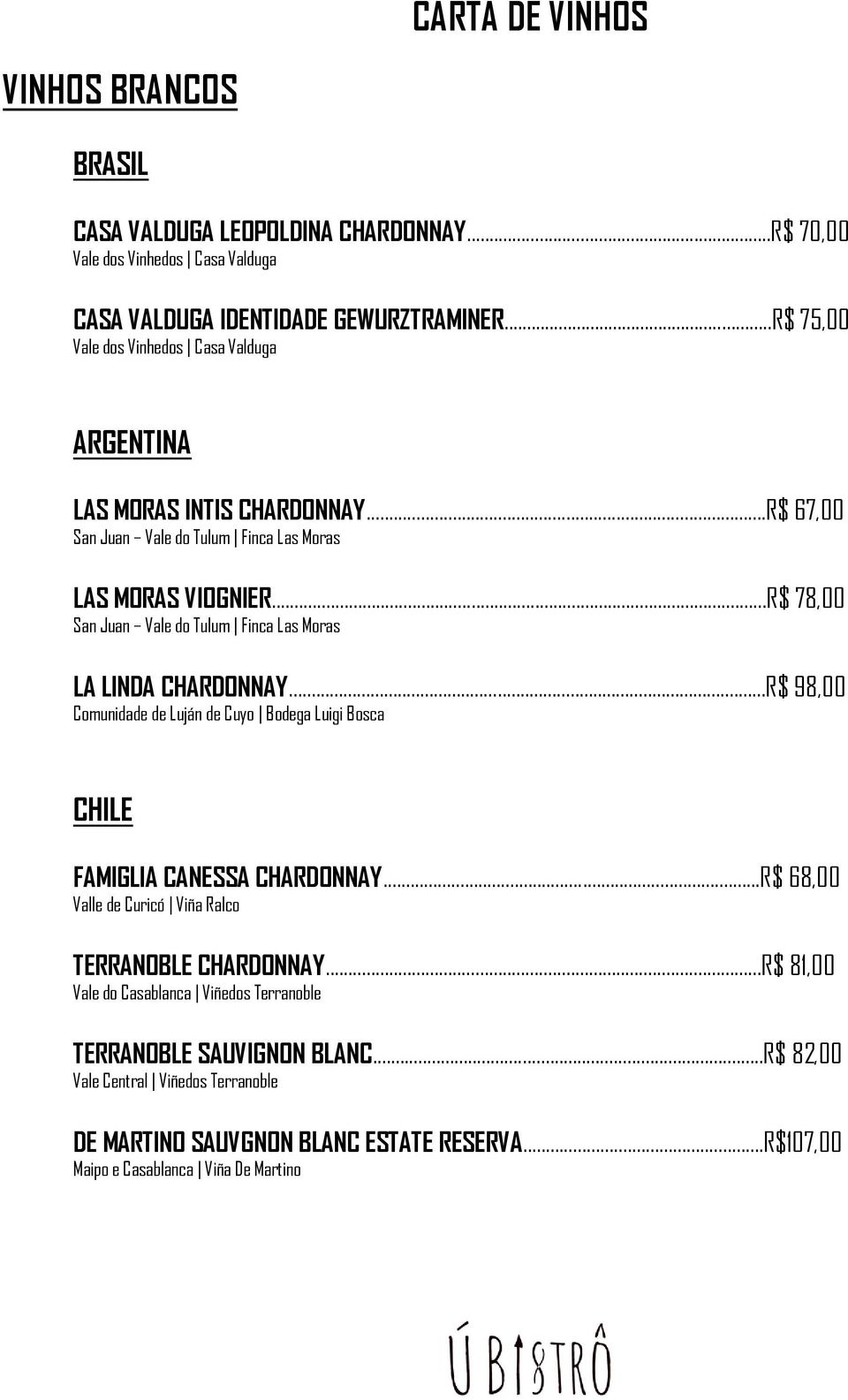 ..R$ 98,00 Comunidade de Luján de Cuyo Bodega Luigi Bosca CHILE FAMIGLIA CANESSA CHARDONNAY...R$ 68,00 Valle de Curicó Viña Ralco TERRANOBLE CHARDONNAY.