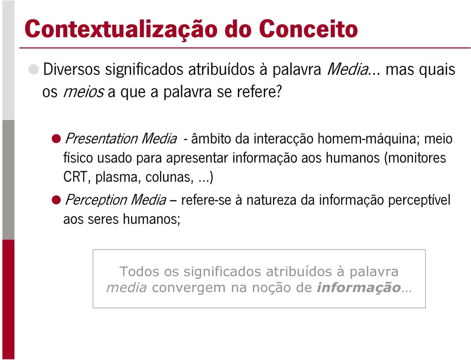 Presentation Media - âmbito da interacção homem-máquina; meio físico usado para apresentar informação aos