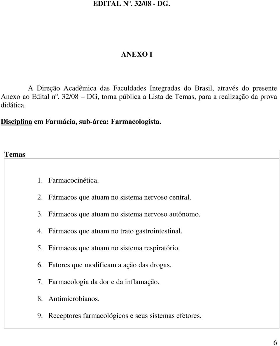 Fármacos que atuam no sistema nervoso central. 3. Fármacos que atuam no sistema nervoso autônomo. 4. Fármacos que atuam no trato gastrointestinal. 5.