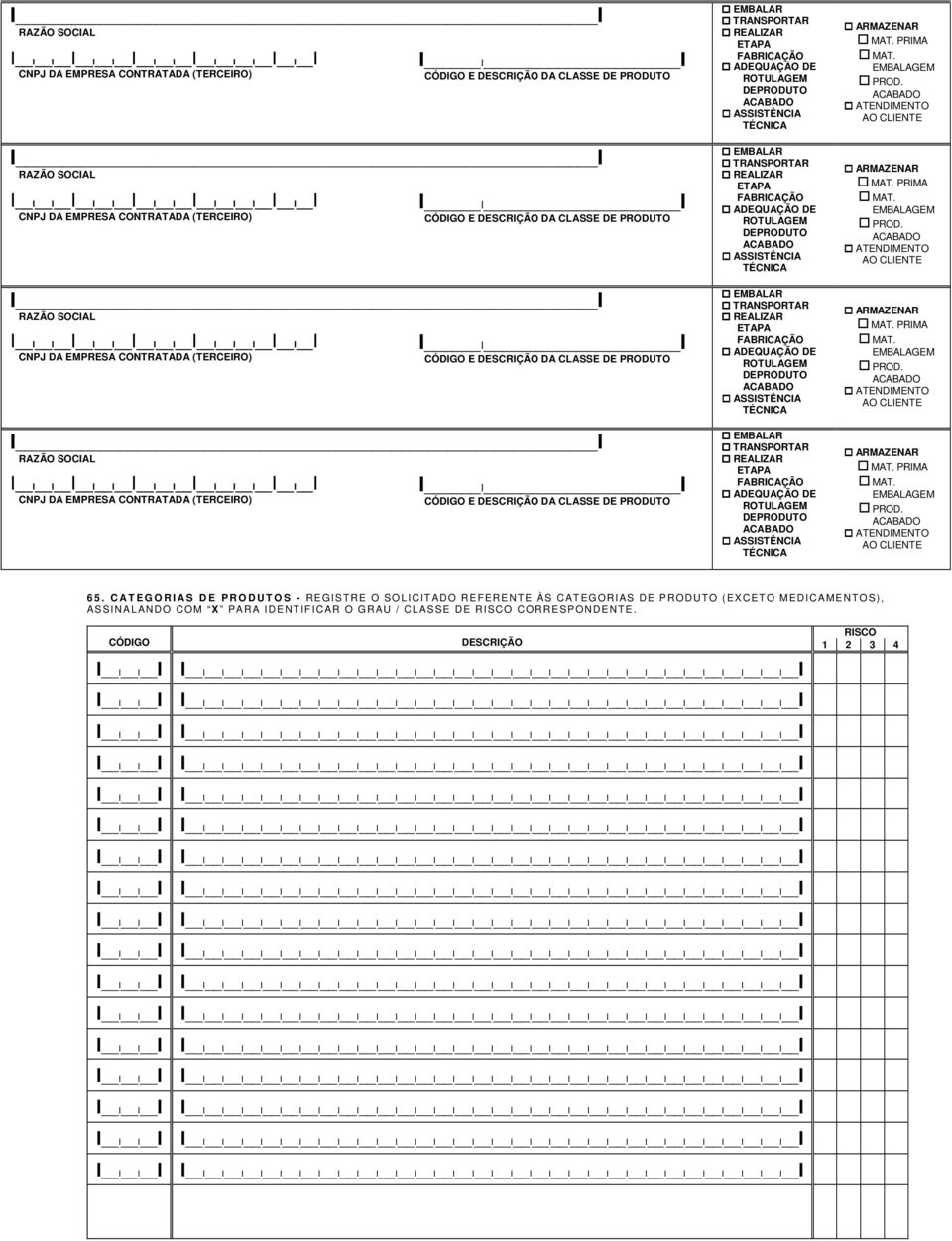 C AT E G O R I A S D E P R O D U T O S - REGISTRE O SOLICITADO REFERENTE ÀS CATEGORIAS DE PRODUTO (EXCETO MEDICAMENTOS), ASSINALANDO COM X PARA IDENTIFICAR O GRAU / CLASSE DE