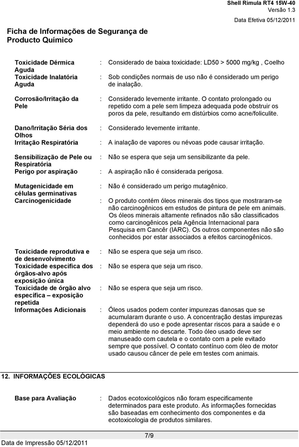 Dano/Irritação Séria dos : Considerado levemente irritante. Olhos Irritação Respiratória : A inalação de vapores ou névoas pode causar irritação.