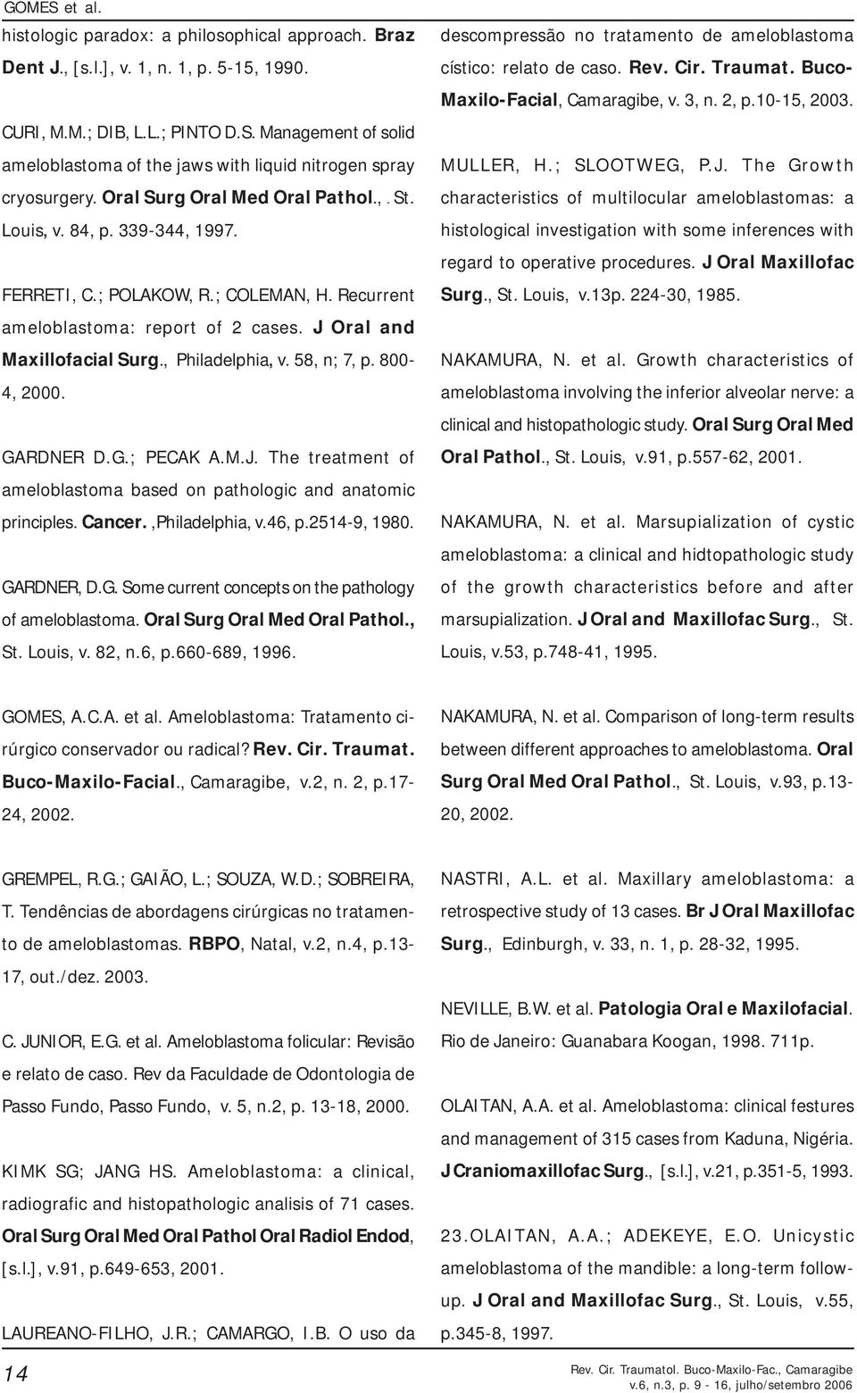 58, n; 7, p. 800-4, 2000. GARDNER D.G.; PECAK A.M.J. The treatment of ameloblastoma based on pathologic and anatomic principles. Cancer.,Philadelphia, v.46, p.2514-9, 1980. GARDNER, D.G. Some current concepts on the pathology of ameloblastoma.