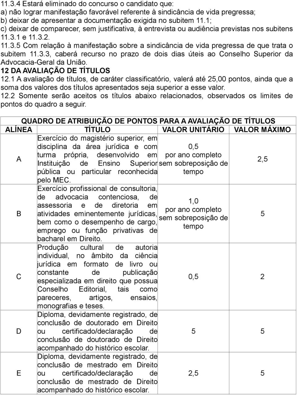 3.3, caberá recurso no prazo de dois dias úteis ao Conselho Superior da Advocacia-Geral da União. 12 DA AVALIAÇÃO DE TÍTULOS 12.