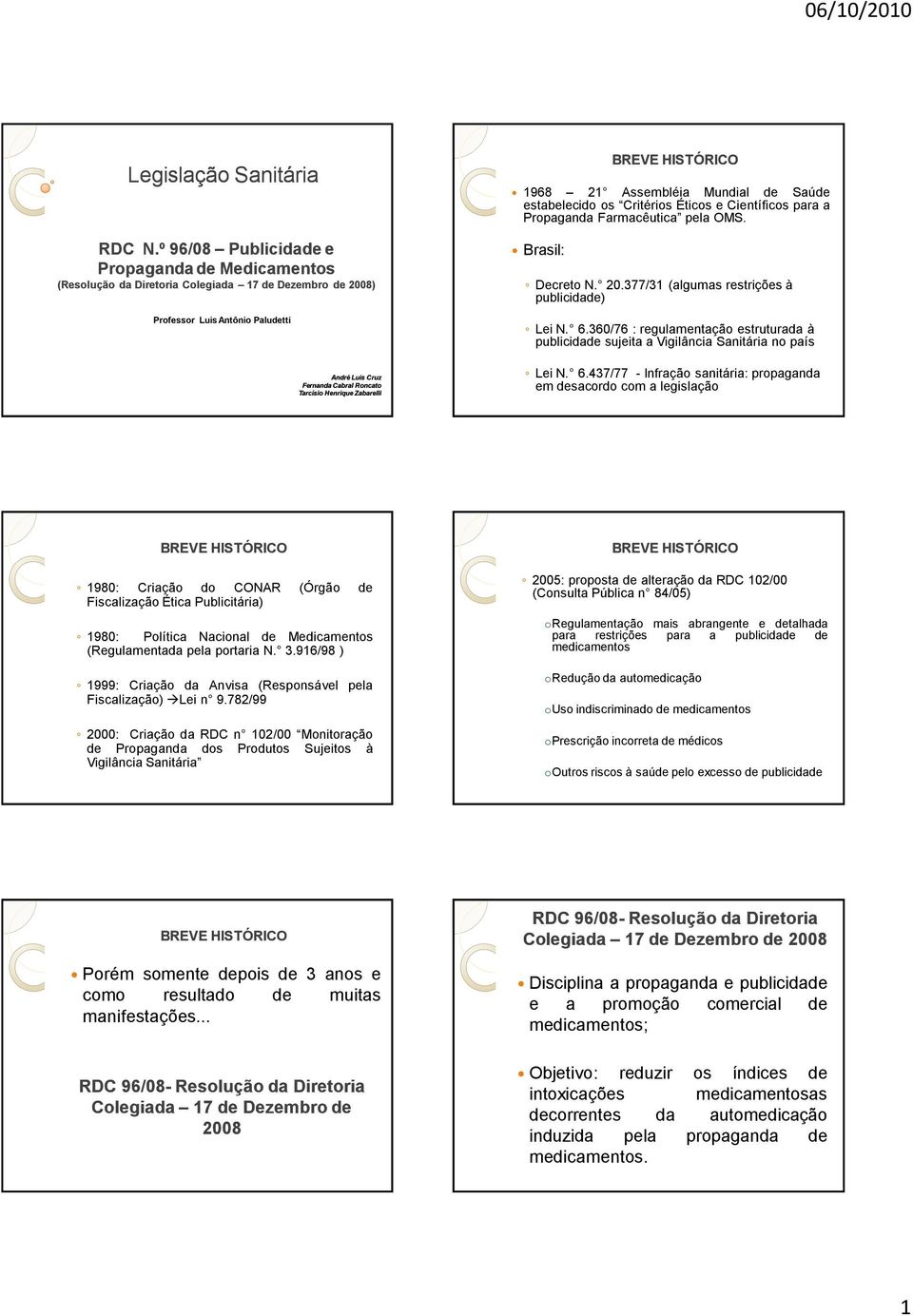 estabelecido os Critérios Éticos e Científicos para a Propaganda Farmacêutica pela OMS. Brasil: Decreto N. 20.377/31 (algumas restrições à publicidade) Lei N. 6.