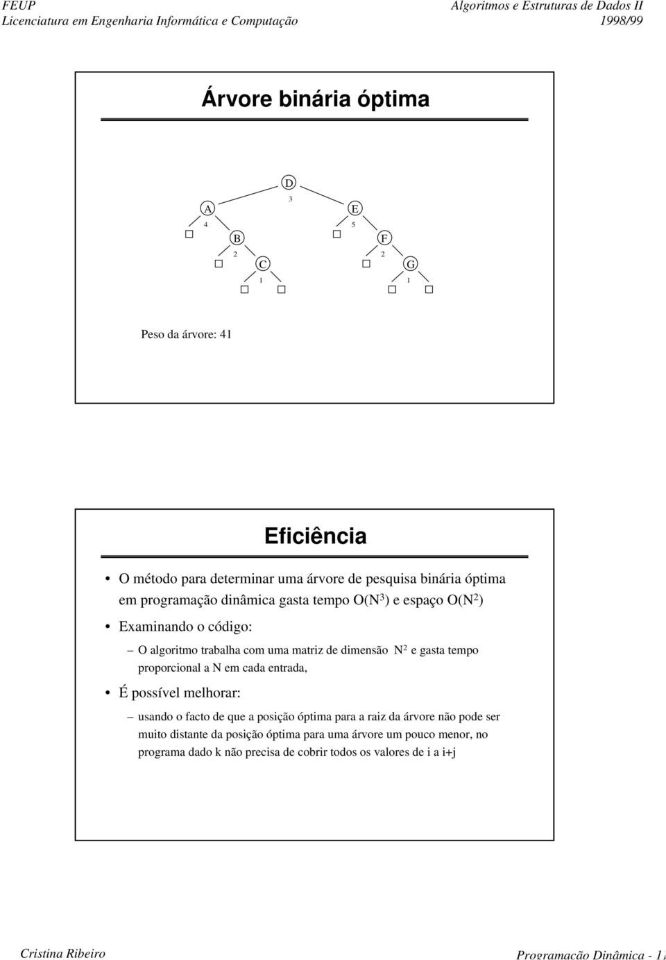 proporcional a N em cada entrada, É possível melhorar: usando o facto de que a posição óptima para a raiz da árvore não pode ser muito distante da