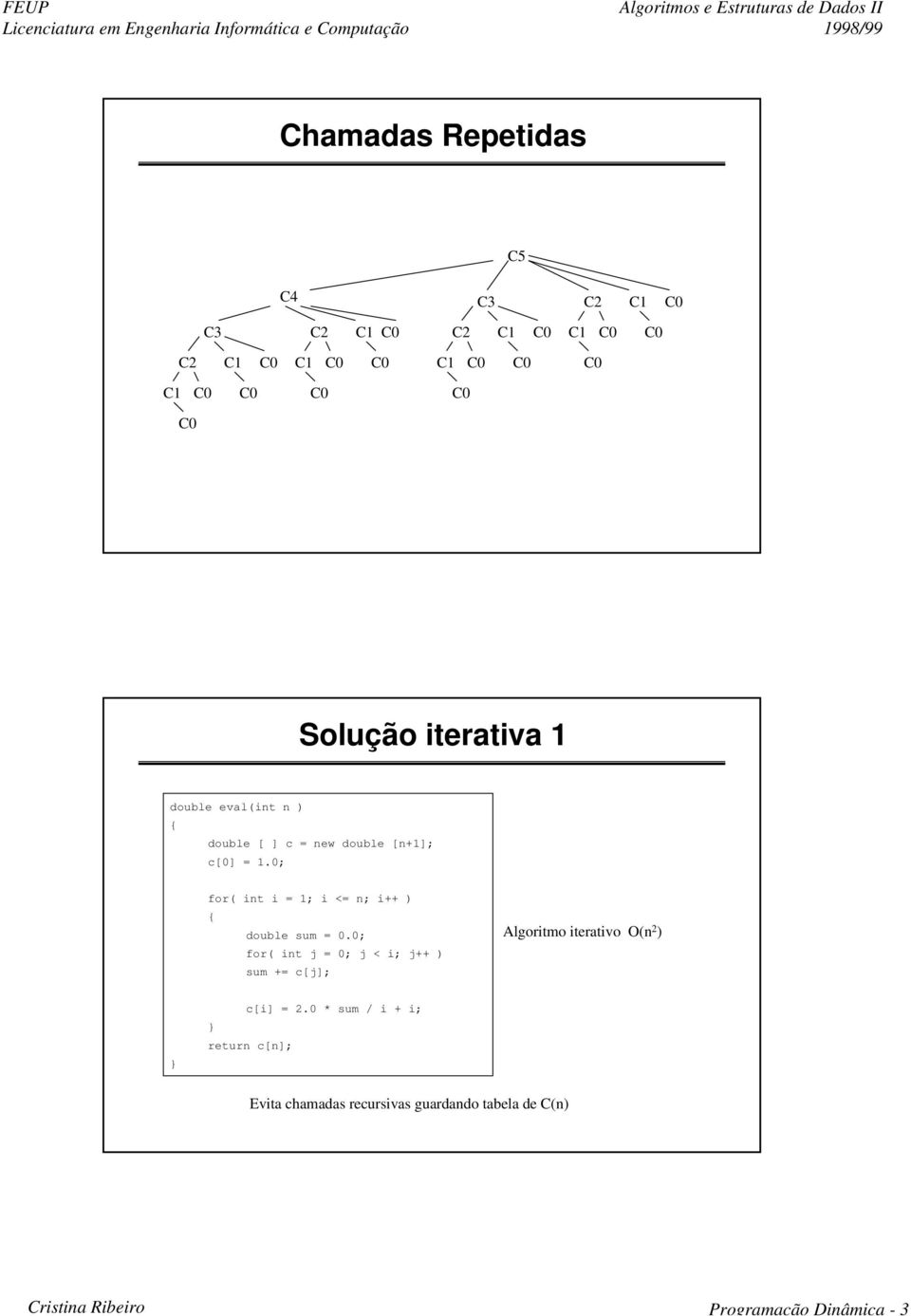 0; for( int j = 0; j < i; j++ ) sum += c[j]; Algoritmo iterativo O(n 2 ) c[i] = 2.