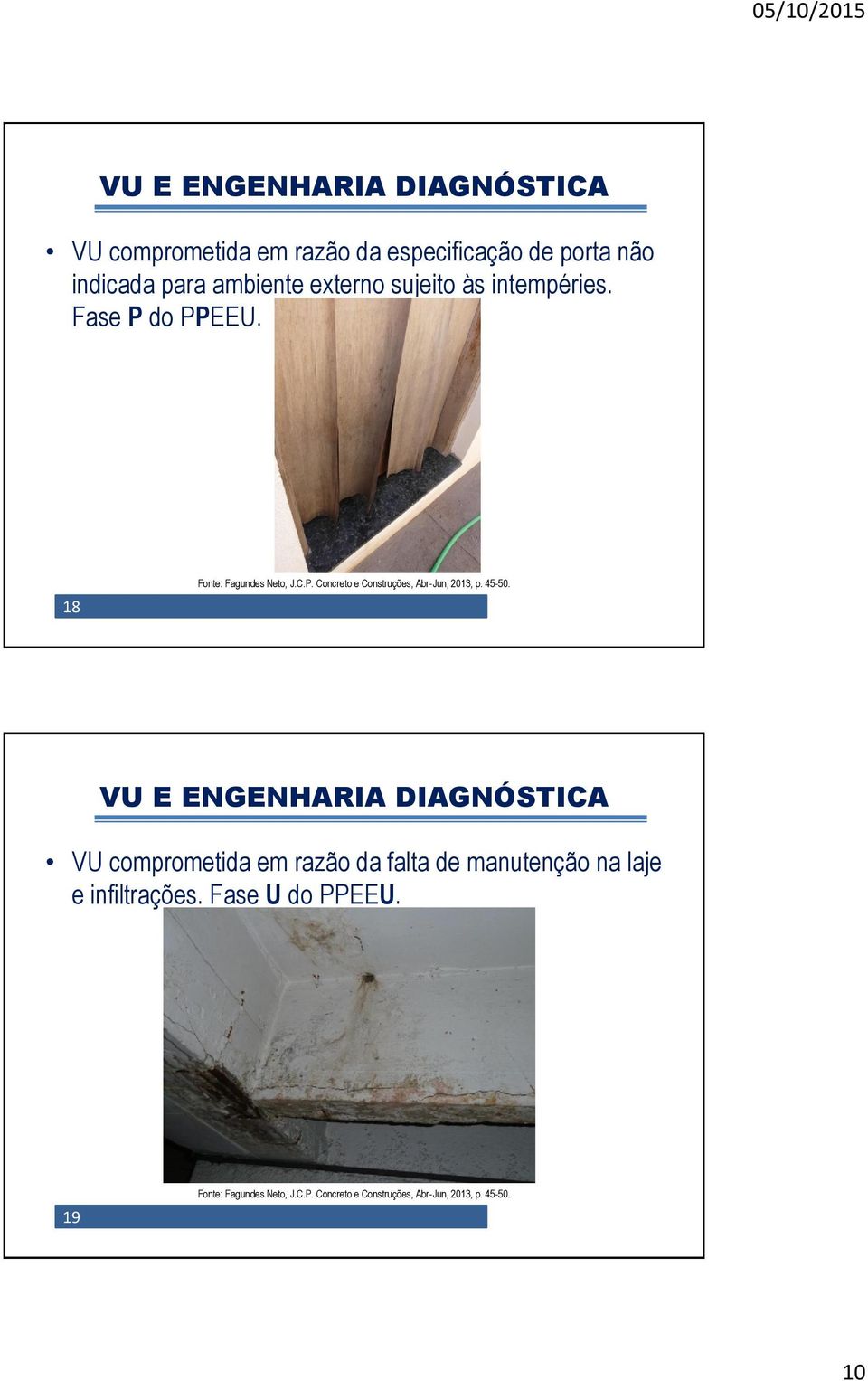 45-50. VU comprometida em razão da falta de manutenção na laje e infiltrações. Fase U do PPEEU.