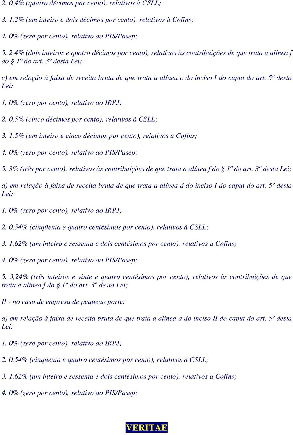 3º desta Lei; c) em relação à faixa de receita bruta de que trata a alínea c do inciso I do caput do art. 5º desta 1. 0% (zero por cento), relativo ao IRPJ; 2.