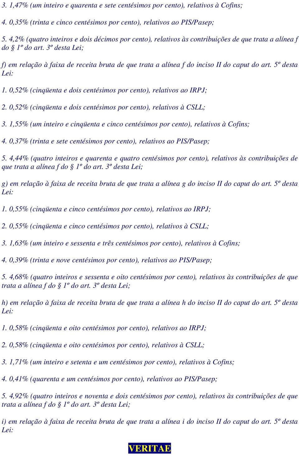 3º desta Lei; f) em relação à faixa de receita bruta de que trata a alínea f do inciso II do caput do art. 5º desta 1. 0,52% (cinqüenta e dois centésimos por cento), relativos ao IRPJ; 2.