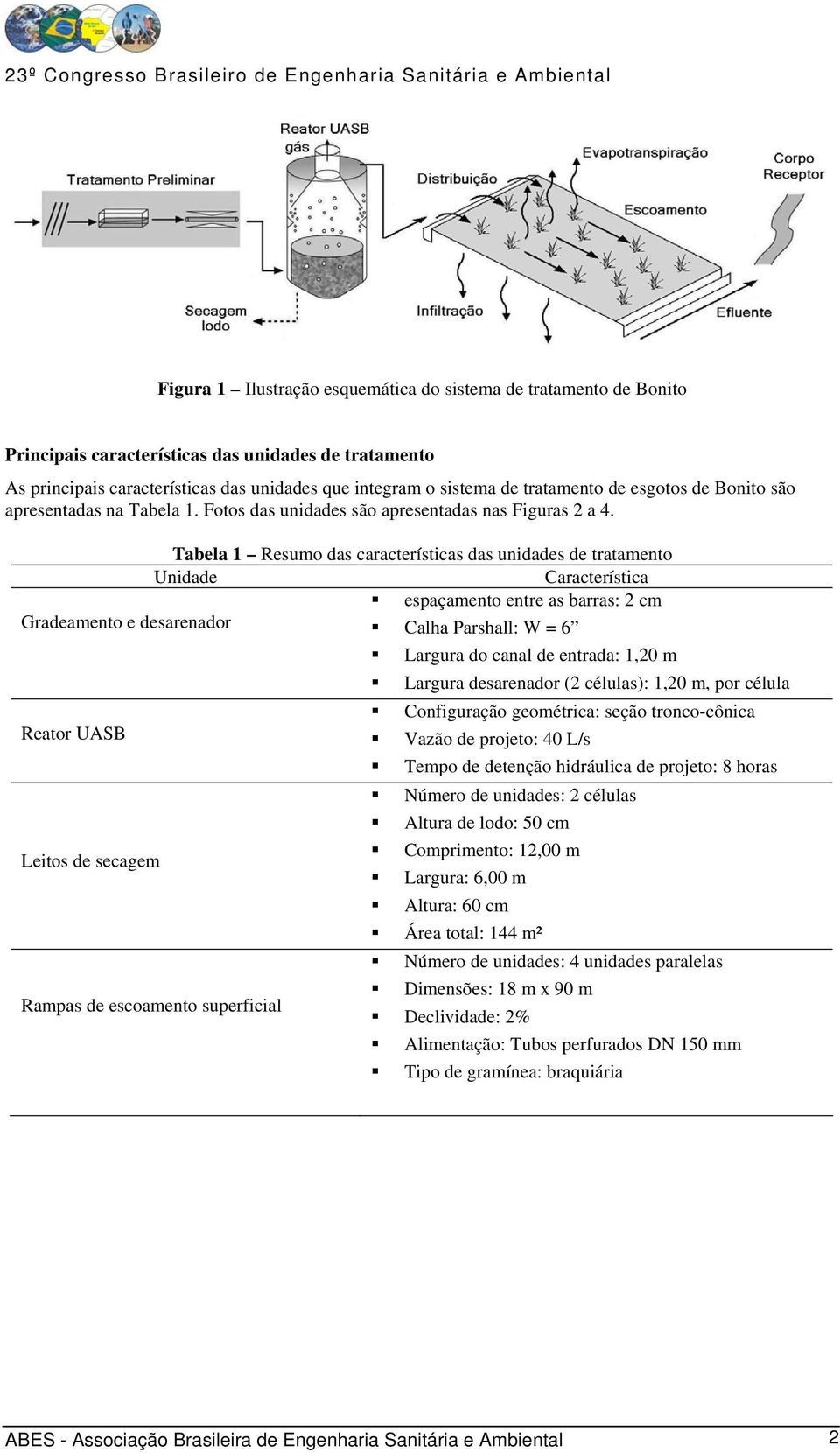 Tabela 1 Resumo das características das unidades de tratamento Unidade Característica espaçamento entre as barras: 2 cm Gradeamento e desarenador Calha Parshall: W = 6 Largura do canal de entrada: