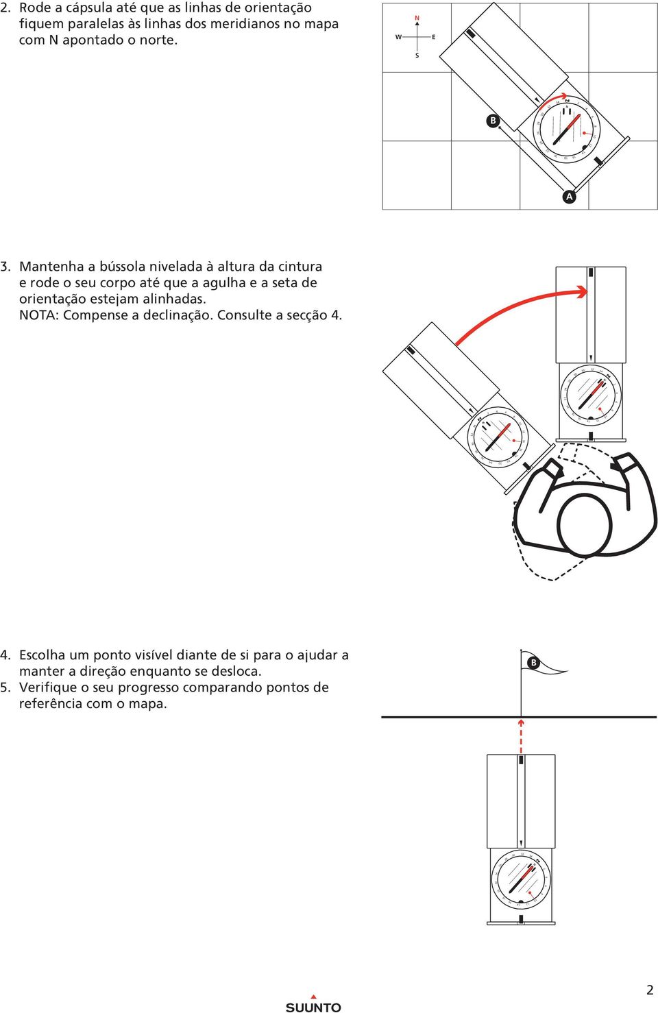 Mantenha a bússola nivelada à altura da cintura e rode o seu corpo até que a agulha e a seta de orientação estejam