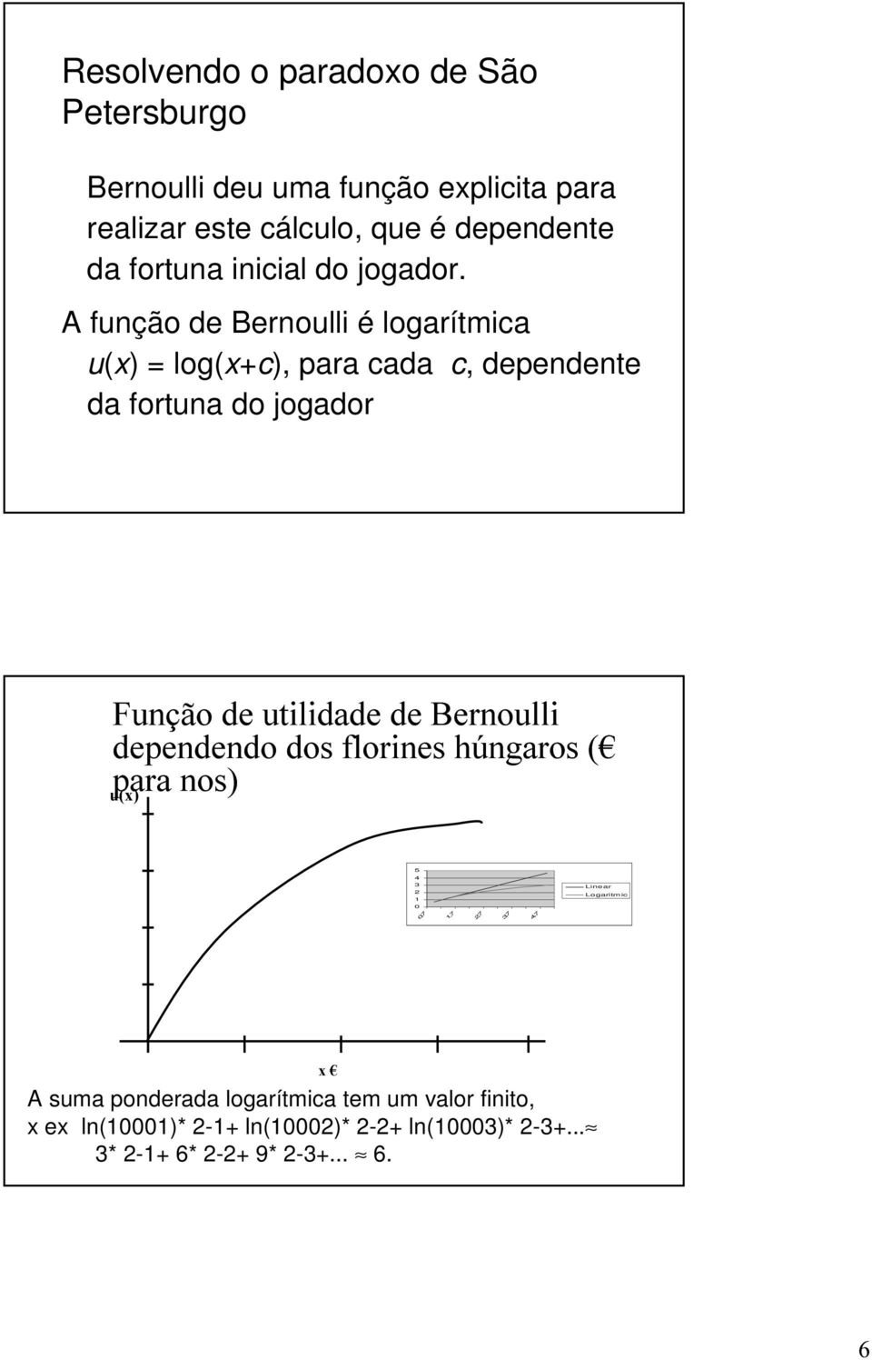 A função de Bernoulli é logarítmica u(x) = log(x+c), para cada c, dependente da fortuna do jogador Função de utilidade de