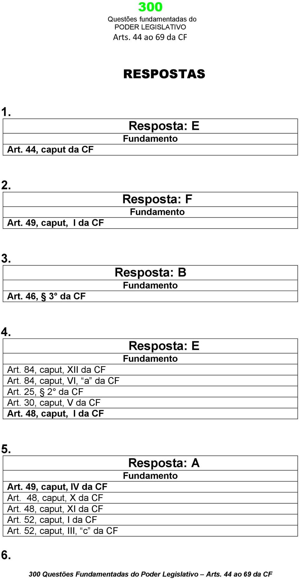 48, caput, I da CF Resposta: E 5. Art. 49, caput, IV da CF Art. 48, caput, X da CF Art.