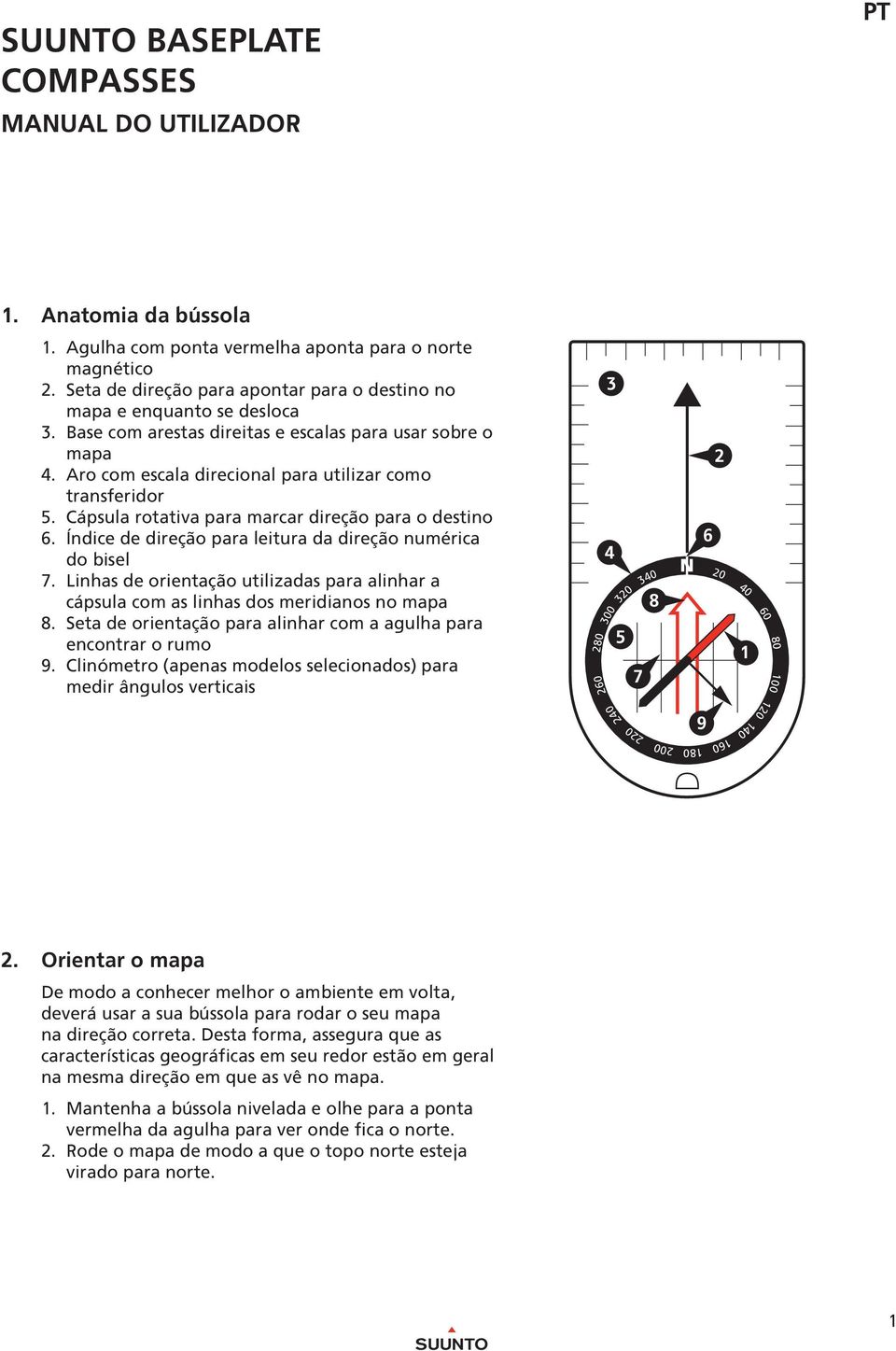 Índice de direção para leitura da direção numérica do bisel 7. Linhas de orientação utilizadas para alinhar a cápsula com as linhas dos meridianos no mapa 8.