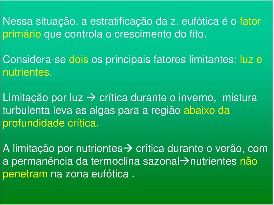 Limitação por luz crítica durante o inverno, mistura turbulenta leva as algas para a região abaixo da