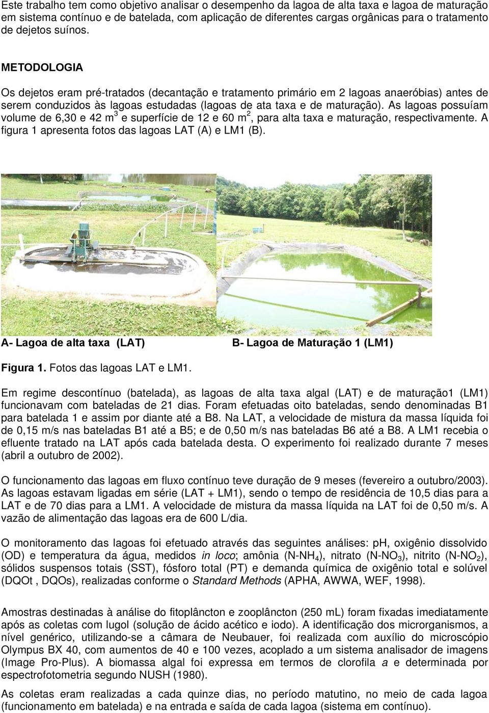 As lagoas possuíam volume de 6,30 e 42 m 3 e superfície de 12 e 60 m 2, para alta taxa e maturação, respectivamente. A figura 1 apresenta fotos das lagoas LAT (A) e LM1 (B).