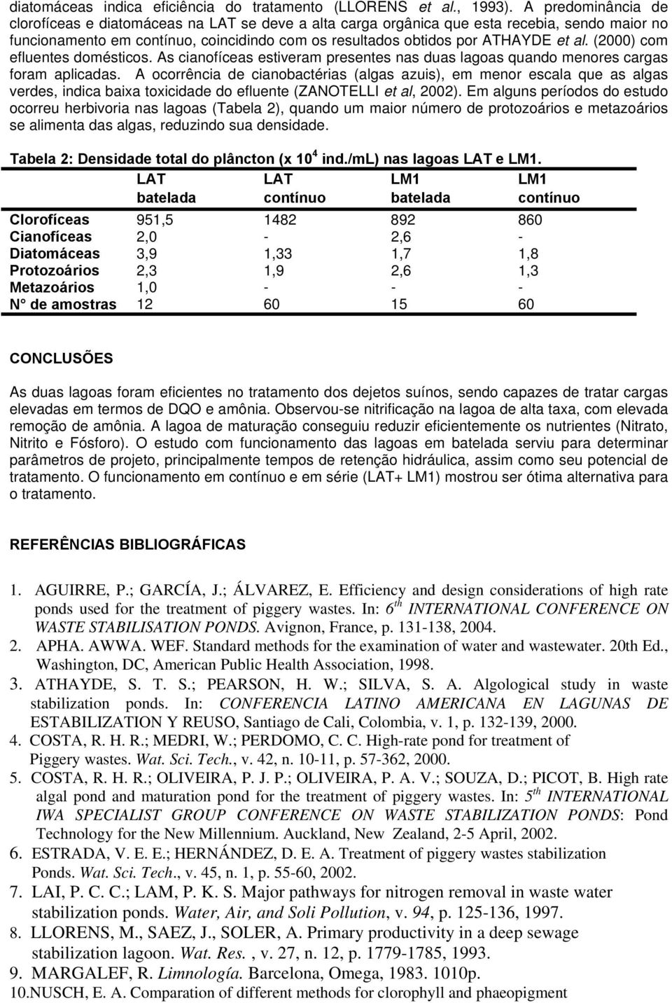 (2000) com efluentes domésticos. As cianofíceas estiveram presentes nas duas lagoas quando menores cargas foram aplicadas.