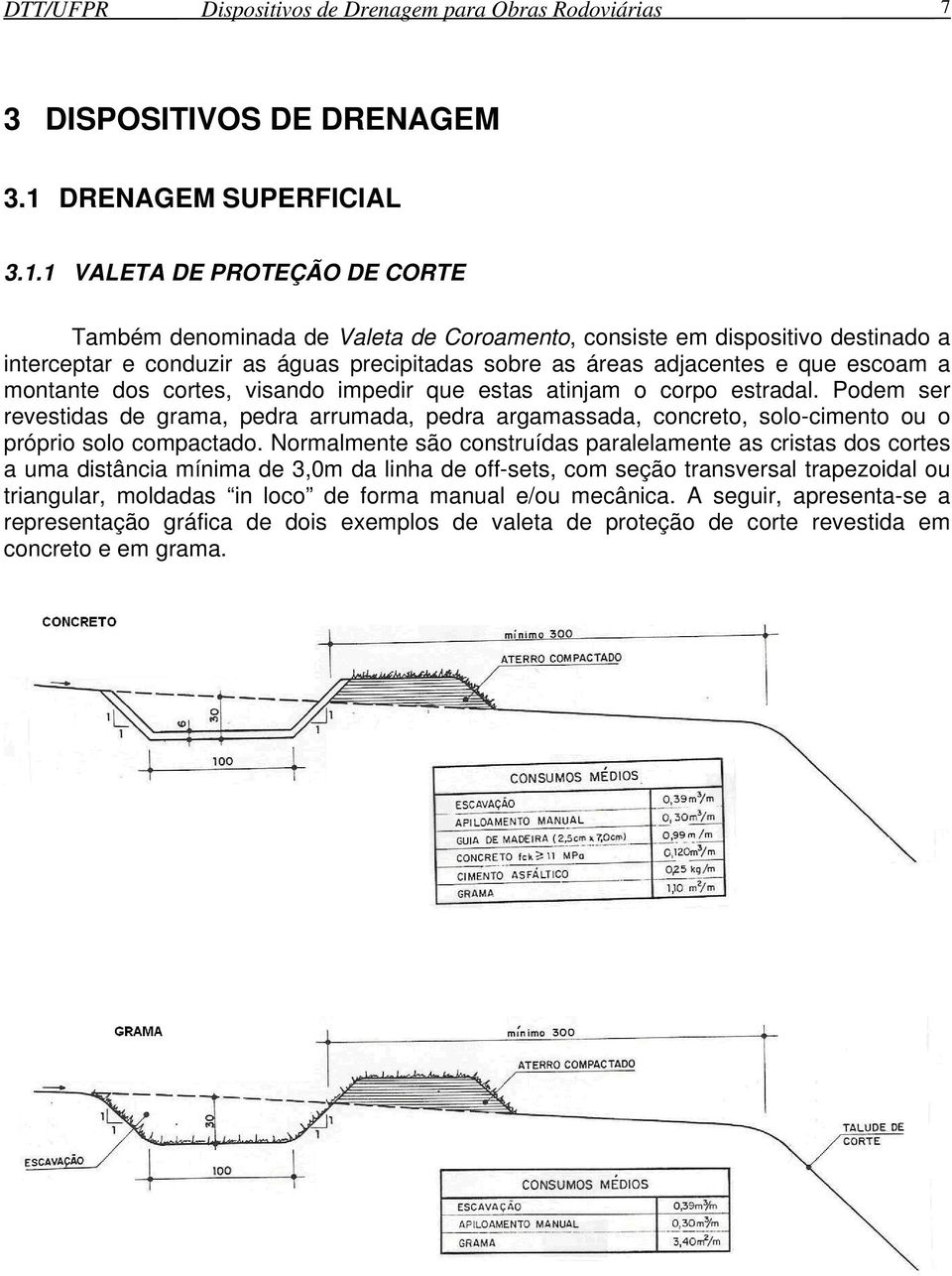 1 VALETA DE PROTEÇÃO DE CORTE Também denominada de Valeta de Coroamento, consiste em dispositivo destinado a interceptar e conduzir as águas precipitadas sobre as áreas adjacentes e que escoam a