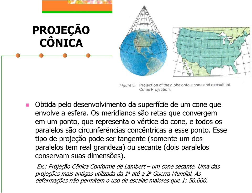 ponto. Esse tipo de projeção pode ser tangente (somente um dos paralelos tem real grandeza) ou secante (dois paralelos conservam suas dimensões).