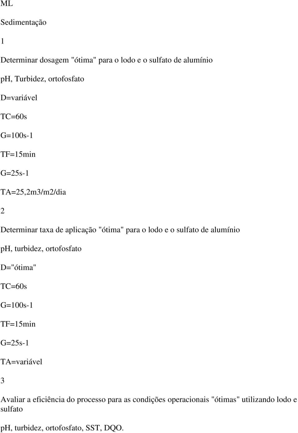 sulfato de alumínio ph, turbidez, ortofosfato D="ótima" TC=60s G=100s1 TF=15min G=25s1 TA=variável 3 Avaliar a