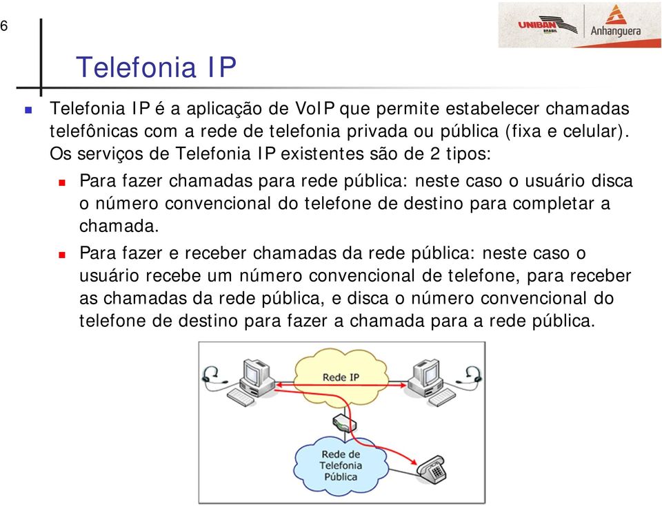 Os serviços de Telefonia IP existentes são de 2 tipos: Para fazer chamadas para rede pública: neste caso o usuário disca o número convencional do