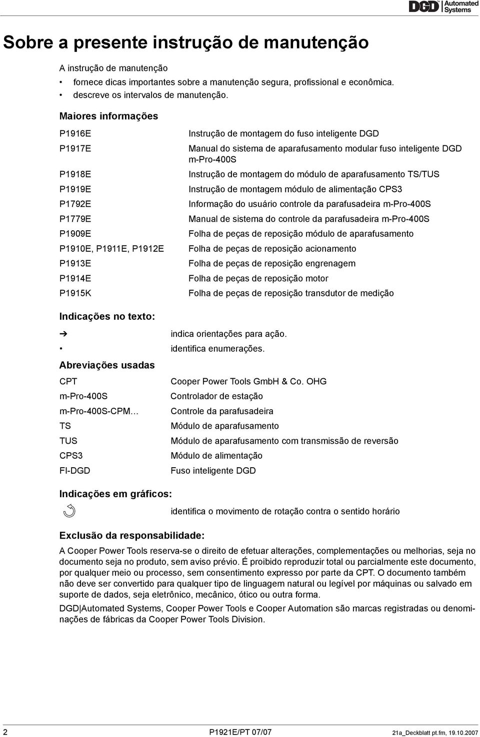 modular fuso inteligente DGD m-pro-400s Instrução de montagem do módulo de aparafusamento TS/TUS Instrução de montagem módulo de alimentação CPS3 Informação do usuário controle da parafusadeira