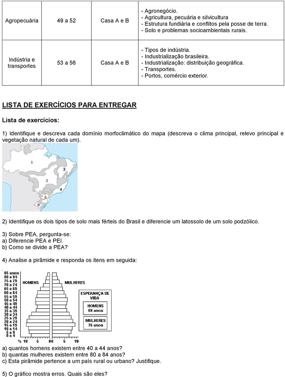 LISTA DE EXERCÍCIOS PARA ENTREGAR Lista de exercícios: 1) Identifique e descreva cada domínio morfoclimático do mapa (descreva o clima principal, relevo principal e vegetação natural de cada um).