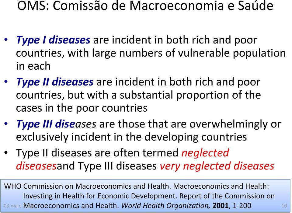 incident in the developing countries Type II diseases are often termed neglected diseasesand Type III diseases very neglected diseases WHO Commission on Macroeconomics and Health.