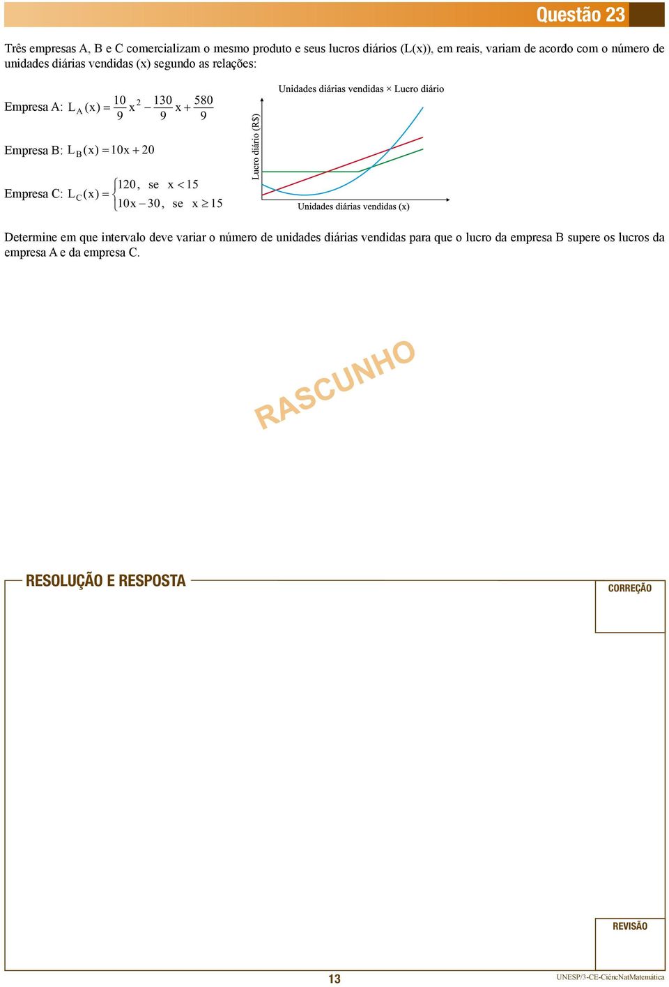 10x 20 L B 2 130 x 9 580 9 120, se x 15 Empresa C: L C (x) 10x 30, se x 15 Determine em que intervalo deve variar