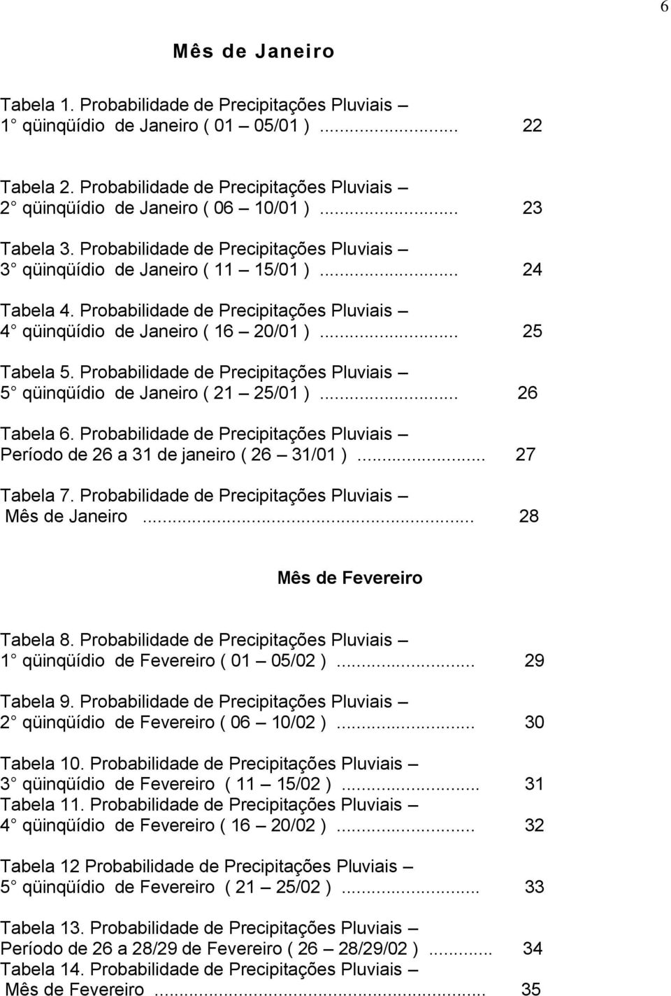 Probabilidade de Precipitações Pluviais 5 qüinqüídio de Janeiro ( 21 25/01 )... 26 Tabela 6. Probabilidade de Precipitações Pluviais Período de 26 a 31 de janeiro ( 26 31/01 )... 27 Tabela 7.