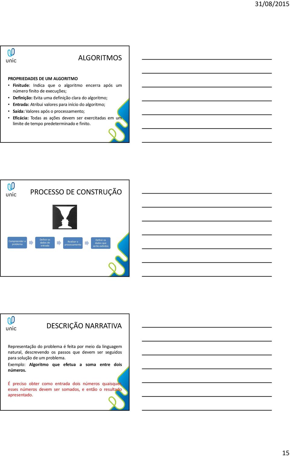 PROCESSO DE CONSTRUÇÃO Compreender o problema Definir os dados de entrada Realizar o processamento Definir os dados que serão exibidos DESCRIÇÃO NARRATIVA Representação do problema é feita por meio