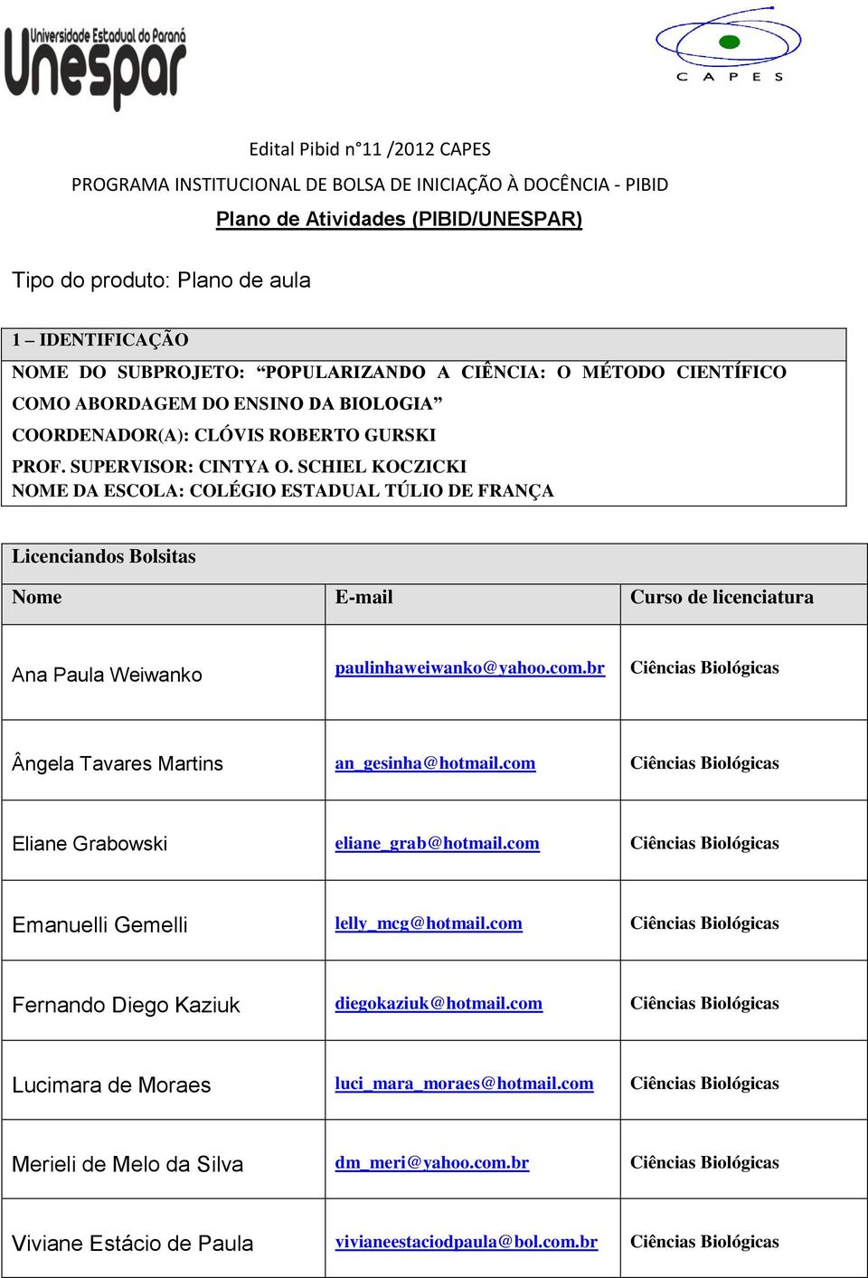 SCHIEL KOCZICKI NOME DA ESCOLA: COLÉGIO ESTADUAL TÚLIO DE FRANÇA Licenciandos Bolsitas Nome E-mail Curso de licenciatura Ana Paula Weiwanko paulinhaweiwanko@yahoo.com.