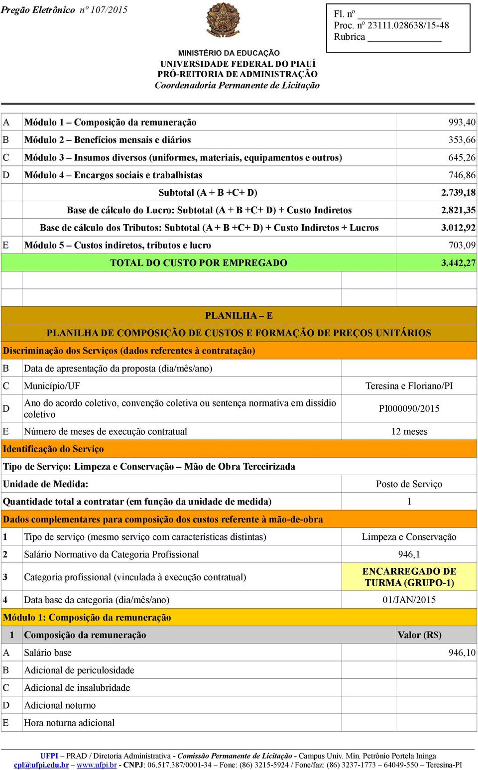 012,92 E Módulo 5 Custos indiretos, tributos e lucro 703,09 TOTAL O CUSTO POR EMPREGAO 3.