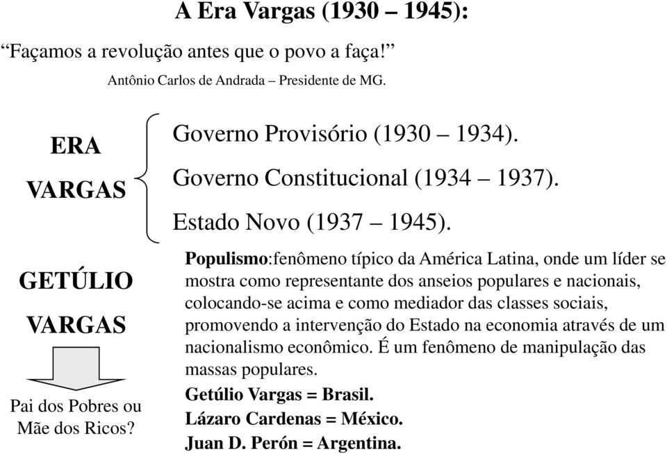 Populismo:fenômeno típico da América Latina, onde um líder se mostra como representante dos anseios populares e nacionais, colocando-se acima e como mediador das