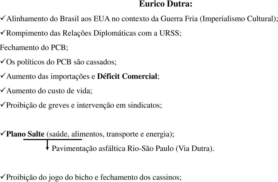 Déficit Comercial; Aumento do custo de vida; Proibição de greves e intervenção em sindicatos; Plano Salte (saúde,