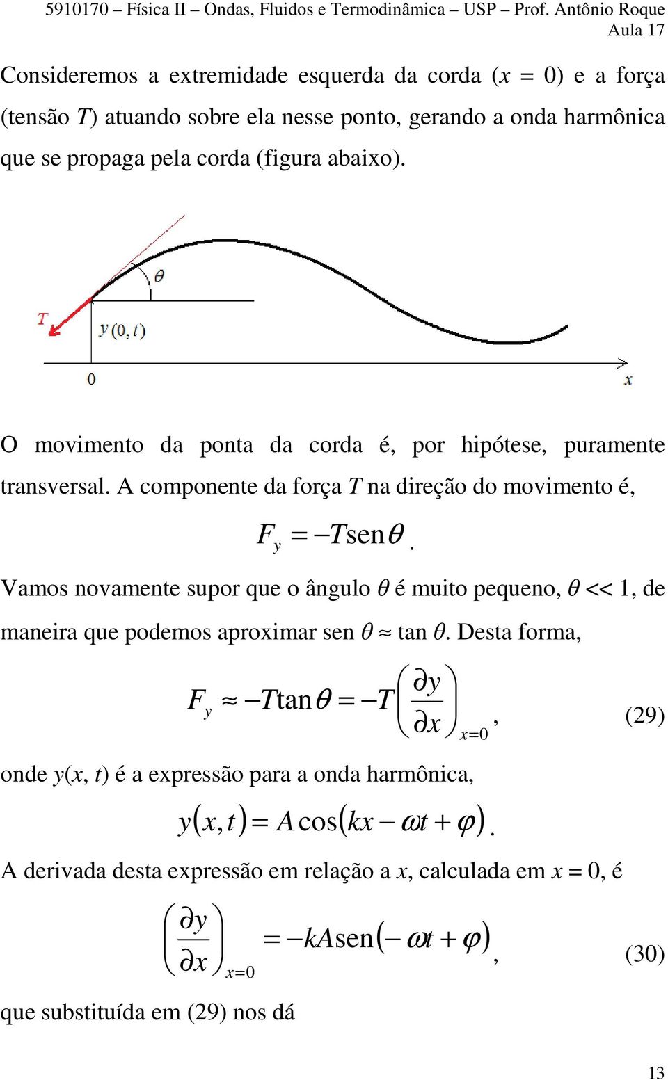 Vamos novamente supor que o ângulo θ é muito pequeno, θ <<, de maneira que podemos aproximar sen θ tan θ.