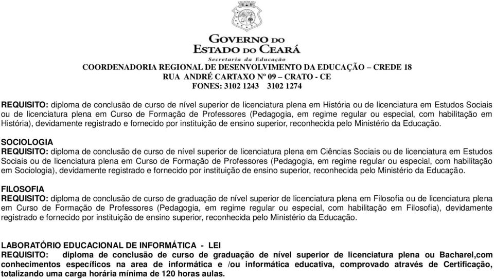 SOCIOLOGIA REQUISITO: diploma de conclusão de curso de nível superior de licenciatura plena em Ciências Sociais ou de licenciatura em Estudos Sociais ou de licenciatura plena em Curso de Formação de