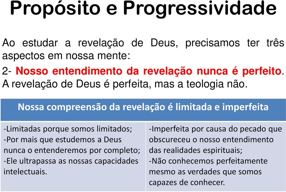 Nossa compreensão da revelação é limitada e imperfeita -Limitadas porque somos limitados; -Por mais que estudemos a Deus nunca o entenderemos por